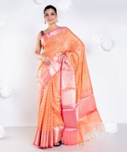 Women's Banarasi Kora Organza Saree In Sunset Orange Color With Golden Border And Booti