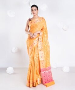 Women's Banarasi Kora Organza Saree In Orange Color With Golden Booti And Border