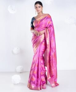 Women's Banarasi Ari Silk Saree In Magenta Color With Multicolor Motifs And Zari Border