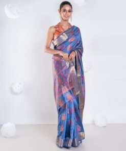 Women's Banarasi Silk Saree In Dark Grey Color With Multicolor Motifs And Zari Border