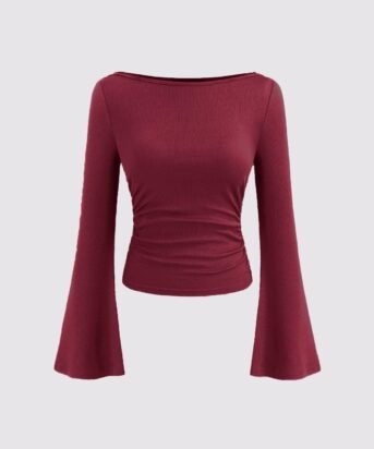 Boat Neck Ruched Flared Long Sleeve Solid Top in Red
