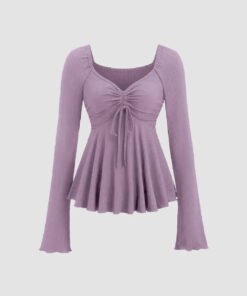 Casual Square Neck Tie-Up Flared Long Sleeve Top in Purple