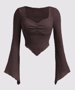 Casual Sweetheart Neck Ruched Flared Long Sleeve Top in Brown