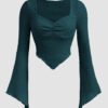 Casual Sweetheart Neck Ruched Flared Sleeve Solid Top in Blue