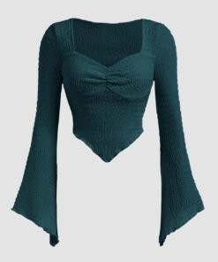 Casual Sweetheart Neck Ruched Flared Sleeve Solid Top in Blue