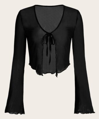 Casual Tie Front Sheer Mesh Long Sleeve Top in Black