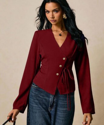 Casual V-Neck Slim Fit Womens Wrap Top in Maroon