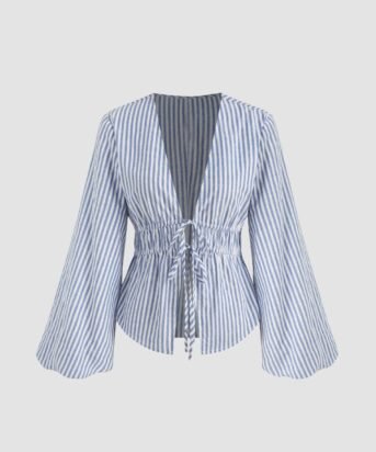 Casual V Neck Bell Sleeve Striped Knot Top in Blue and White