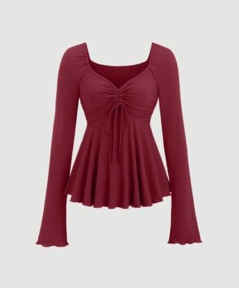 Casual V Neck Ruched Flared Long Sleeve Top in Maroon