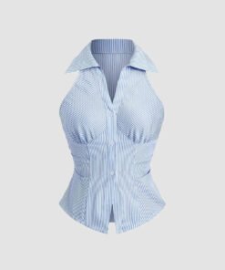 Collared V Neck Striped Sleeveless Top in Blue and White