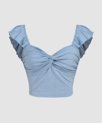 Cropped Vest Ruffle Top In Dusty Blue