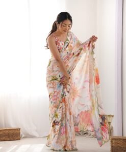 Women's Multi Color Heavy Chinon Printed Kutchi Mirror Saree