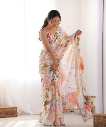 Women's Multi Color Heavy Chinon Printed Kutchi Mirror Saree
