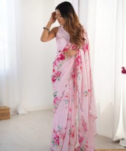 Women's Party Wear Digital Flower Printed Heavy Chinnon Saree With Papper Mirror Worked Border