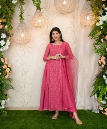 Women's Blush Pink Gathered Long Anarkali