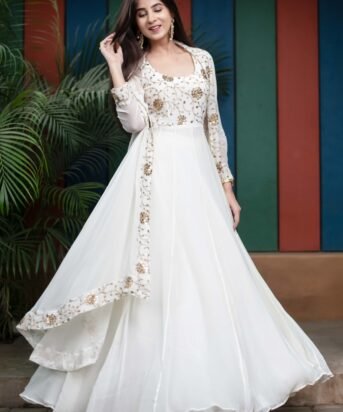 Women's Off White Jacket Gown With Sequin And Zari Work (2pcs Set)