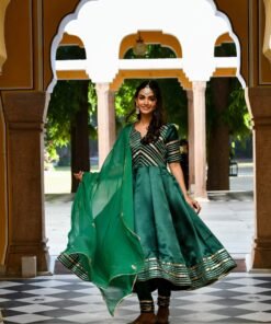 Women's Bottle Green Satin Anarkali Suit- (3Pc Set)