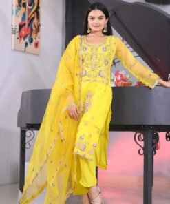 Women's Lemon Yellow Colour Organza Silk Heavy Embroidery Work Fully Stitched Pakistani Salwar Suit