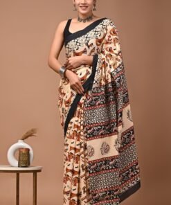 Women's Cream Cotton Printed Saree with unstitched Blouse