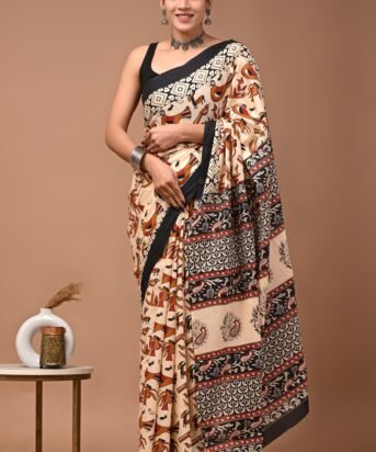 Women's Cream Cotton Printed Saree with unstitched Blouse