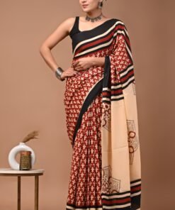 Women's Red & Multi Color Cotton Printed Saree with unstitched Blouse