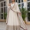 Women's White Chinon Silk Embroidery Sequence Codding Work Anarkali Set