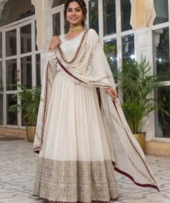 Women's White Chinon Silk Embroidery Sequence Codding Work Anarkali Set