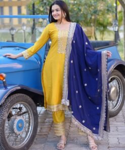 Women's Lemon Yellow Colour CHINON Silk Heavy Emrboidery Work Fully Stitched Pakistani Salwar Suit