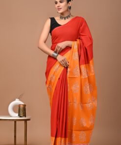 Women's Red & Orange Cotton Printed Saree with unstitched Blouse