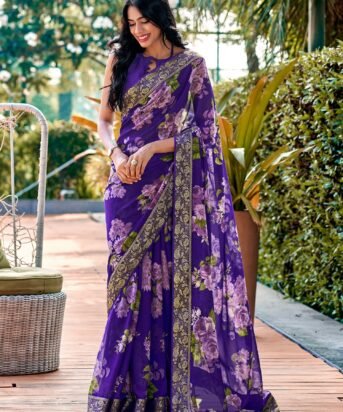 Women's Georgette Violet Embellished Designer Saree With Blouse Piece