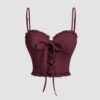 Frill Trim Lace Up Front Cami Top In Maroon