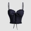Frill Trim Lace Up Front Cami Top In Navy Blue