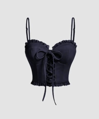 Frill Trim Lace Up Front Cami Top In Navy Blue