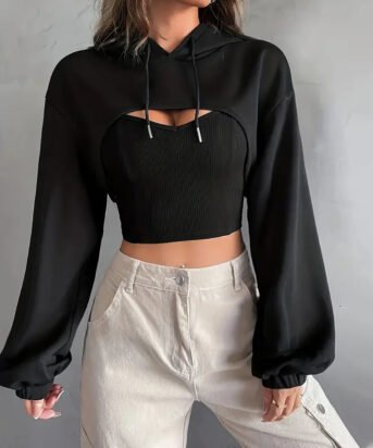 Full Sleeve Hooded Cut-Out Style Crop Top in Black