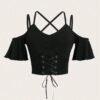 Gothic Lace Up Front Cold Shoulder Black Top