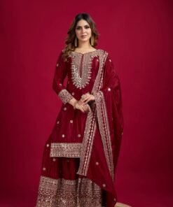 Women's CHINON Silk Embroidery Sequence Work Pakistani Sharara Suit