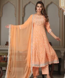 Women's Anarkali Rayon Printed Embroidered Kurta With Pant And Dupatta