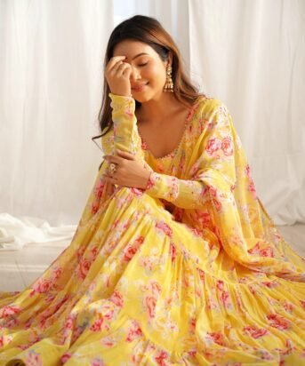 Women's Yellow Fox Georgette Digital Printed Anarkali Set