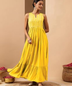 Women's Yellow Georgette Embellished Sleeveless Gown