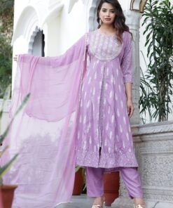 Women's Purple Rayon Embroidered Round Neck Anarkali Set