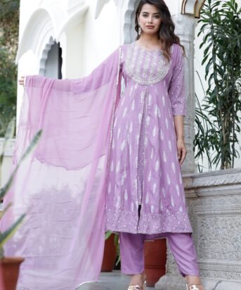 Women's Purple Rayon Embroidered Round Neck Anarkali Set