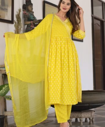 Women's Yellow Rayon Embroidered V-Neck Anarkali Set