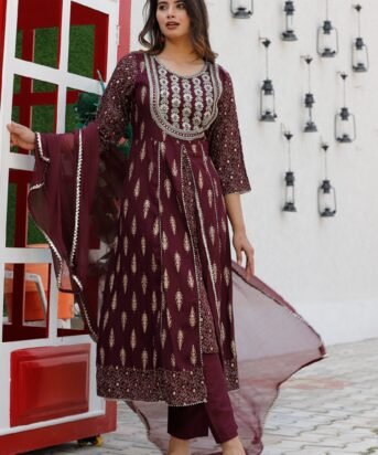 Women's Wine Rayon Embroidered Round Neck Anarkali Set