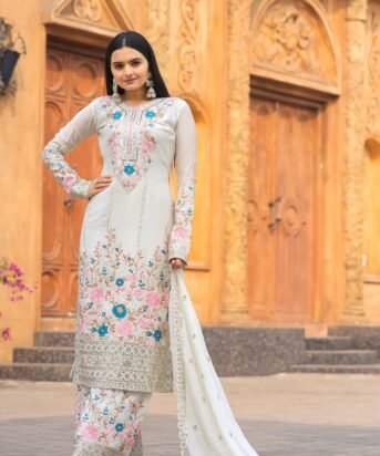 Women's White Colour Chinnon Silk Heavy Embroidery Work Fully Stitched Pakistani Suit