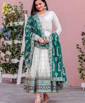 Women's White Colour Faux Georgette Heavy Embroidery Work Fully Stitched Pakistani Suit