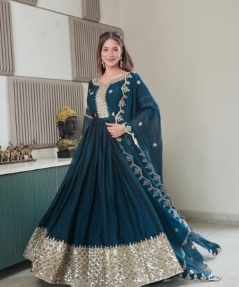 Women's Teal Crush Silk Embroidery Gown