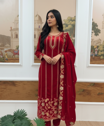 Women's Red Color Velvet Designer Embroidery Work Pakistani Suit