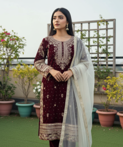 Women's Maroon Color Velvet Designer Embroidery Work Pakistani Suit
