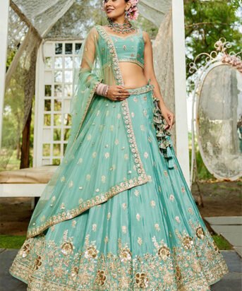 Chinnon Traditional Reception Wedding Lehenga In Green color-41069