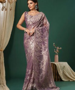 Women's Organza Mauve Embroidered Designer Saree With Blouse Piece